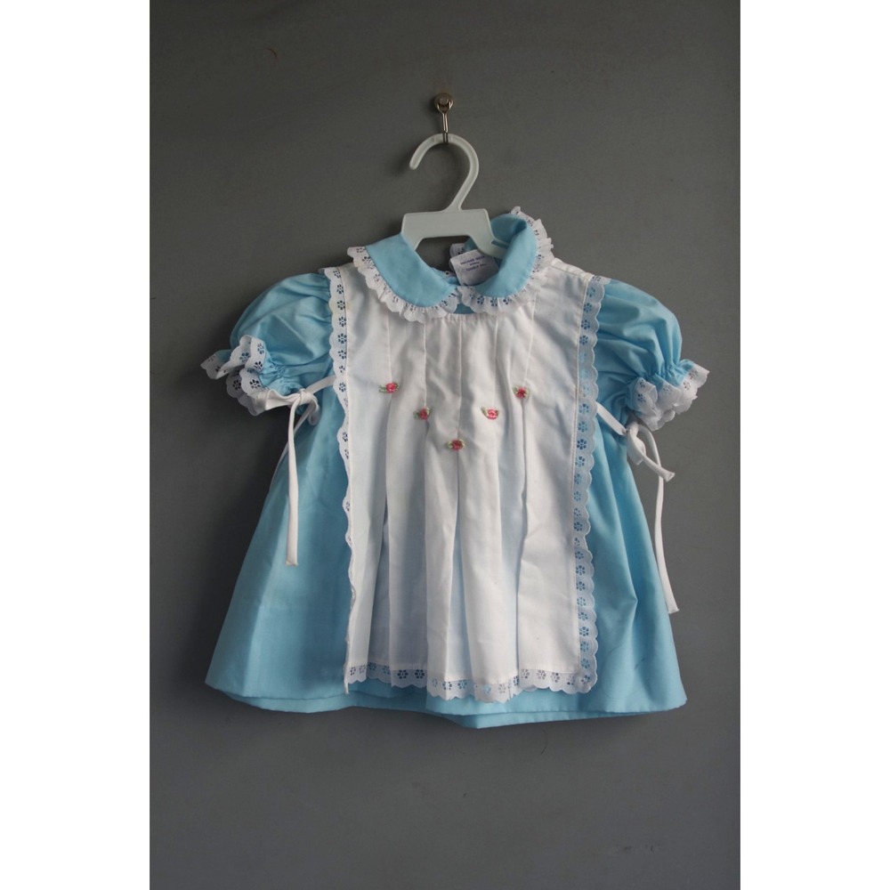 Vintage Baby Dress Nana's Pet‎ Sky Blue White Ruffles Rosettes EUC